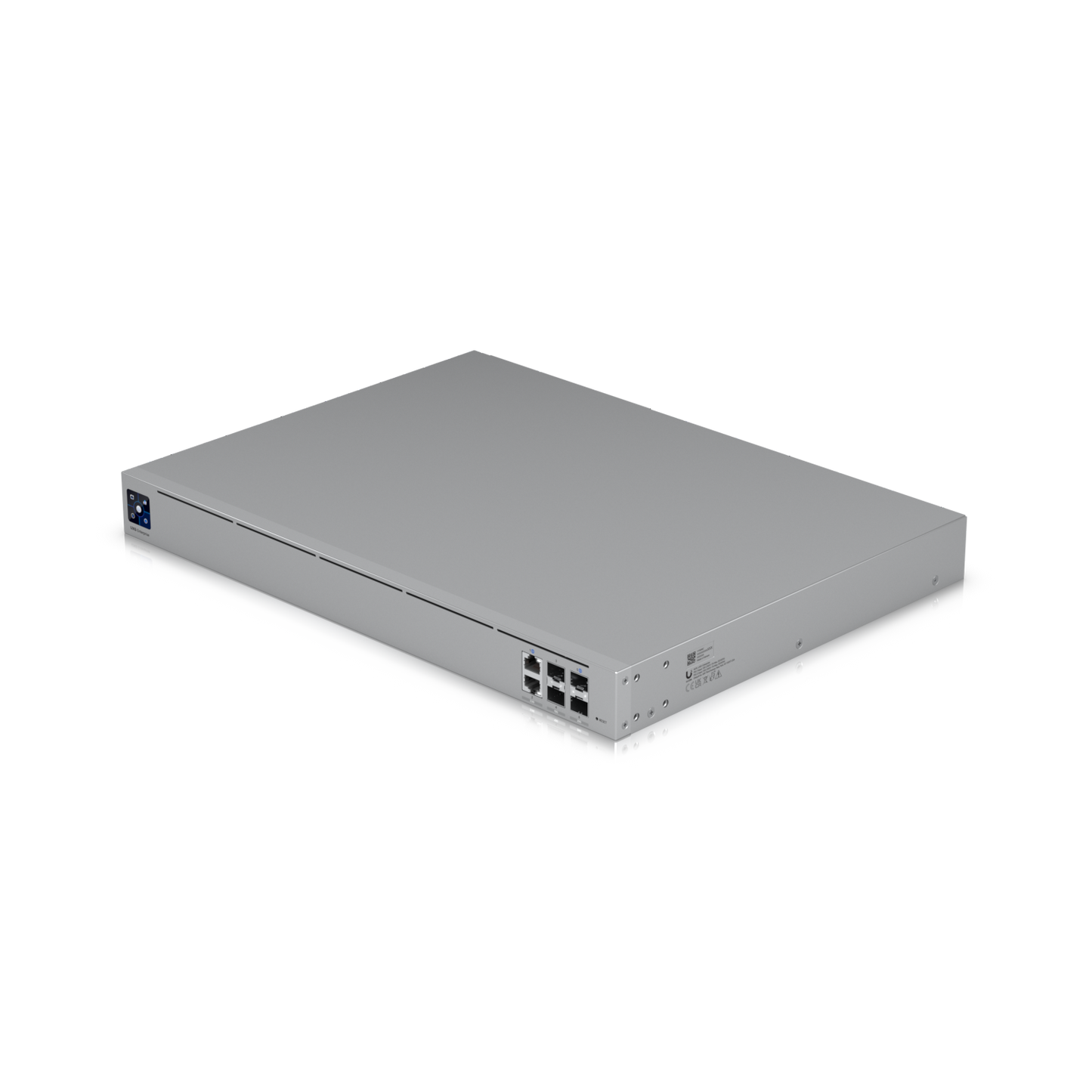 Angled top-side view of the Ubiquiti UXG-Enterprise Gateway showing all physical interfaces