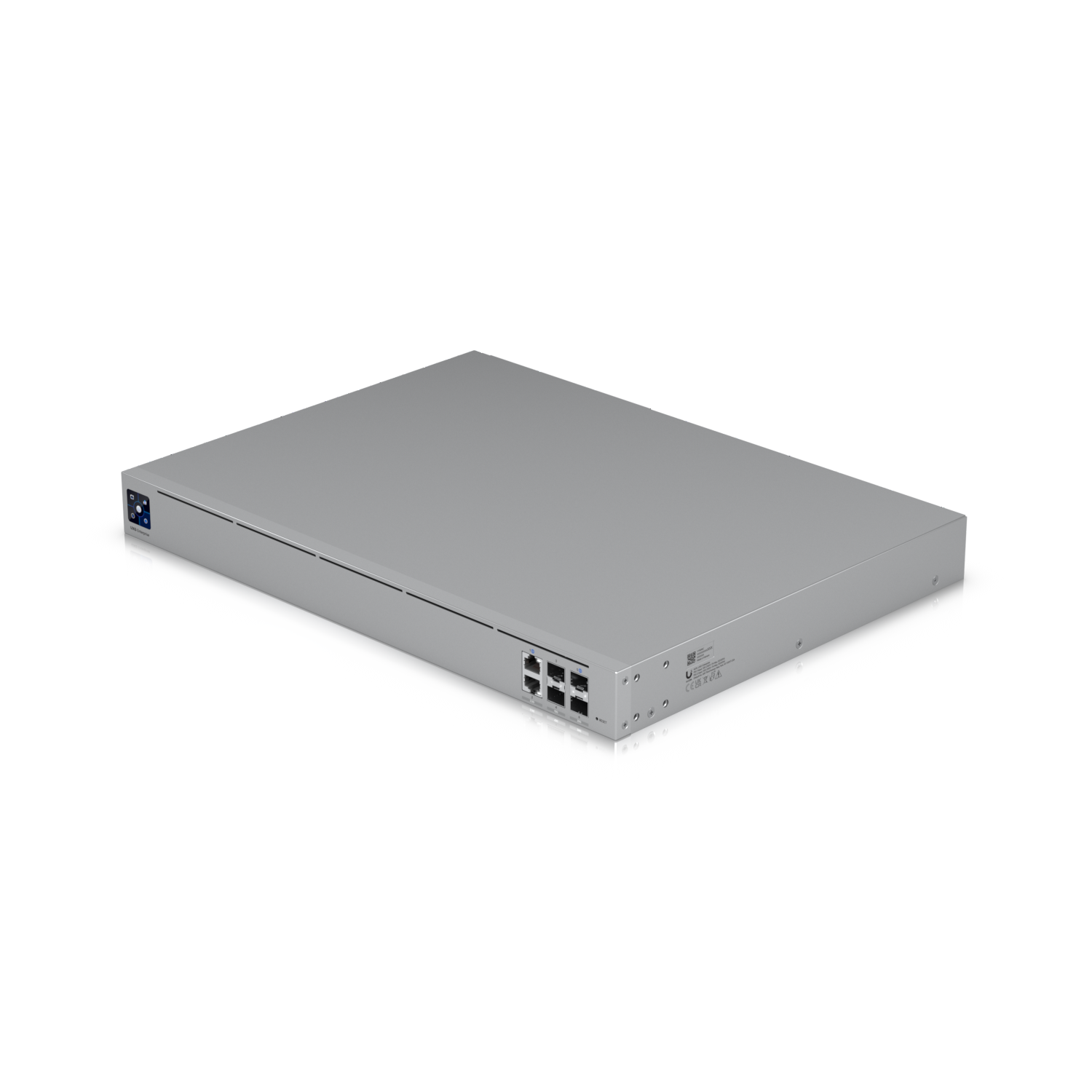 Angled top-side view of the Ubiquiti UXG-Enterprise Gateway showing all physical interfaces